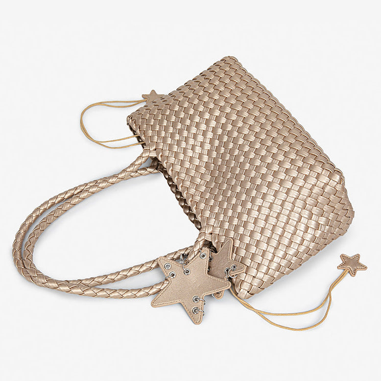 D Series Large Woven PU Tote Bag – 39cm with Star Detail and Drawstring Pouch