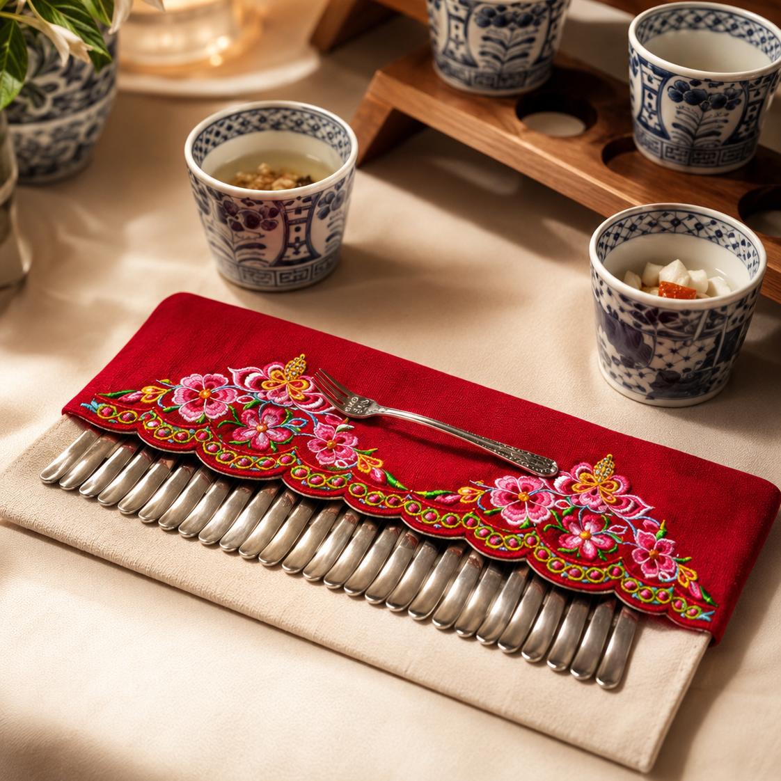 Handmade Embroidered Linen Cutlery Holder Set of 2
