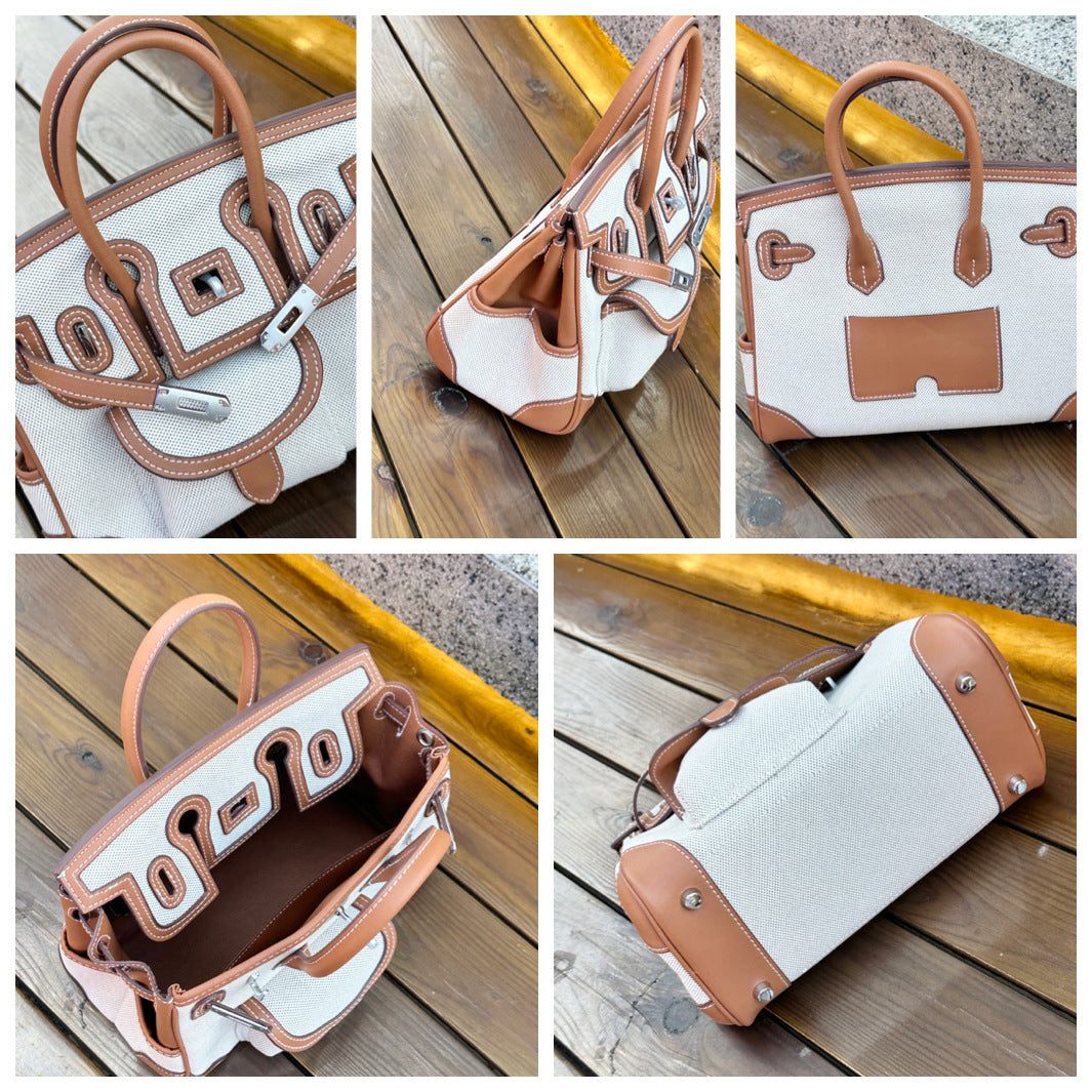 H Series Playful Outline Bag 25×13×21 cm | Canvas & PU Top Handle