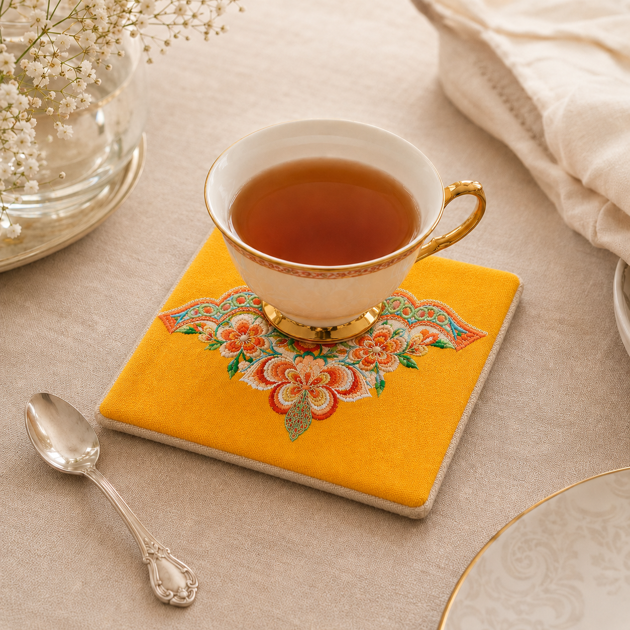Handmade Embroidered Linen Coaster Set of 4