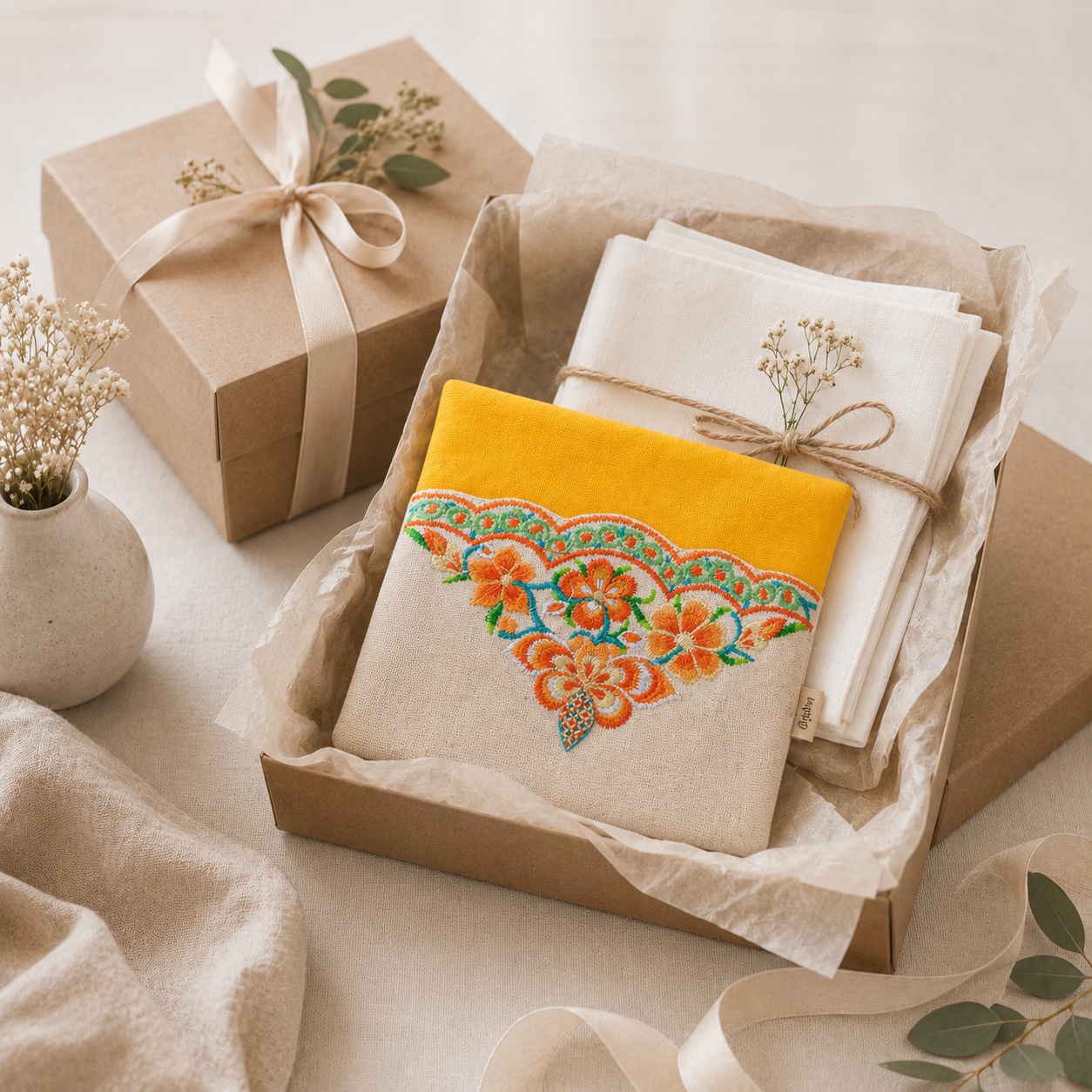 Floral Embroidered Linen Tissue Holder