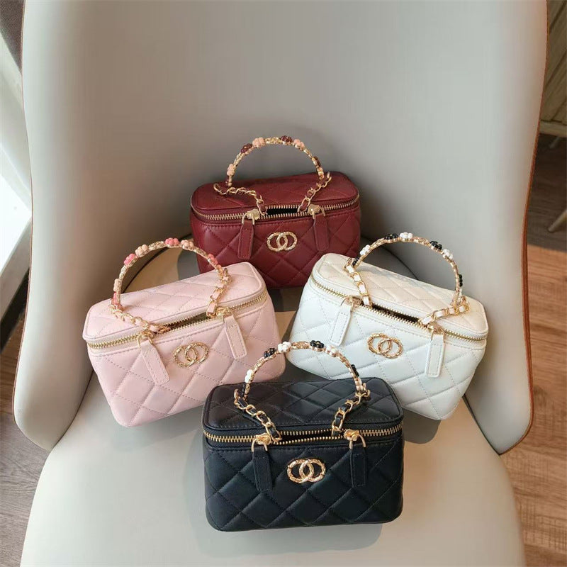 C Series · Genuine Leather Quilted Vanity Bag with Beaded Chain Handle – 4 Colors | Mini Makeup & Handheld Box Bag | Greenyuna