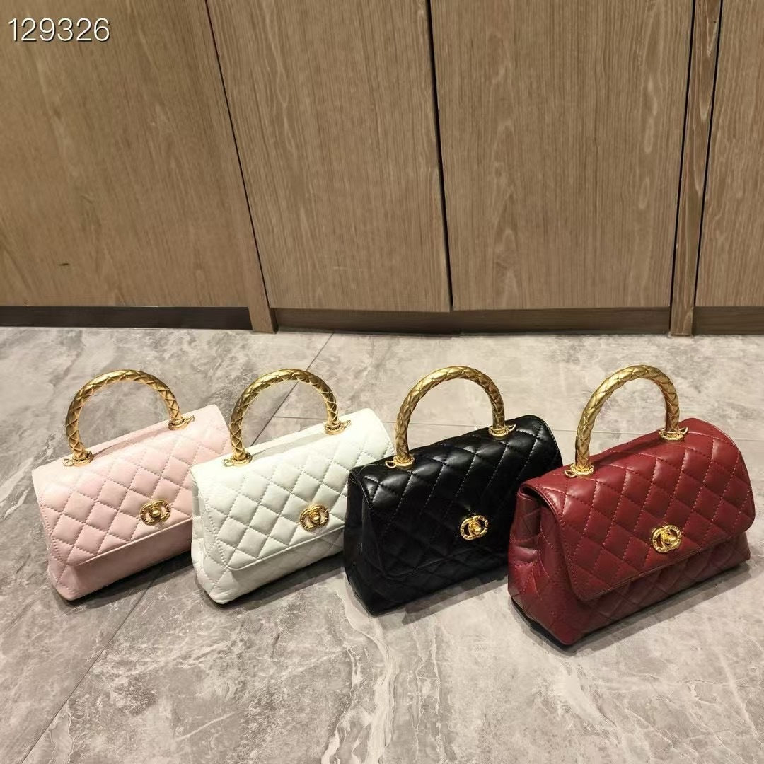 C Series · Genuine Leather Quilted Twisted-Metal Handle Flap Bag – 4 Colors | Elegant Top Handle | Greenyuna