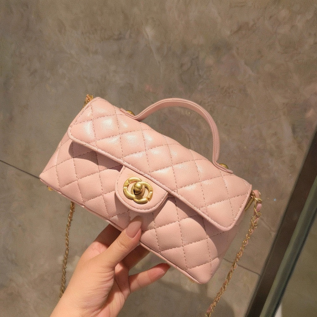 Mini Genuine Leather Quilted Top Handle & Chain Flap Bag – 4 Colors | Premium Crossbody | Greenyuna