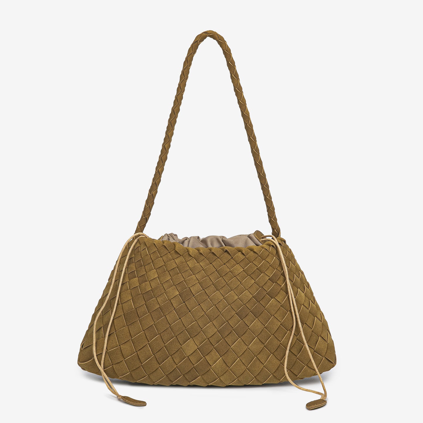 D Series Soft Woven PU Shoulder Bag – 30cm Daily Tote with Drawstring Design