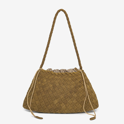 D Series Soft Woven PU Shoulder Bag – 30cm Daily Tote with Drawstring Design