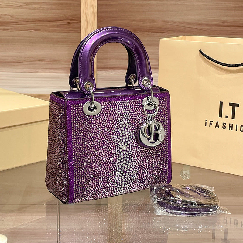 D Series Crystal-Embellished Mini Handbag – 27.5cm Small Bag with Gold or Purple Finish