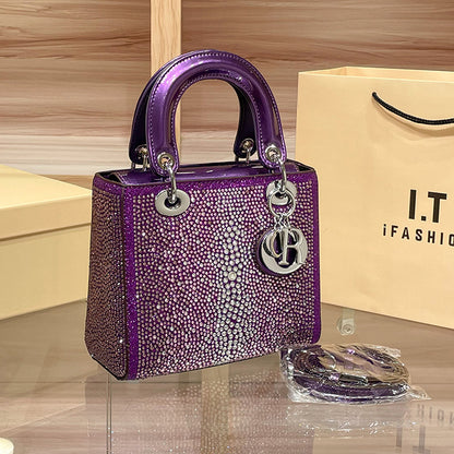 D Series Crystal-Embellished Mini Handbag – 27.5cm Small Bag with Gold or Purple Finish