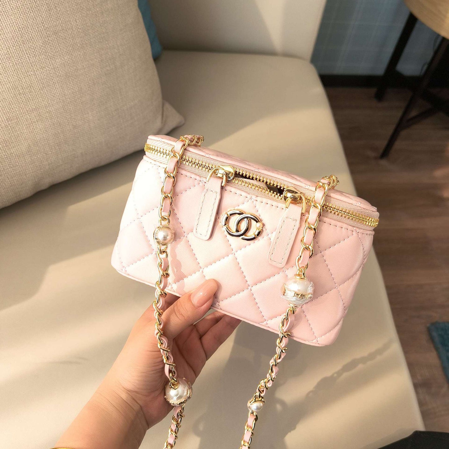 C Series · Genuine Leather Quilted Medium Vanity Box Bag – Pearl & Chain Strap | 4 Colors | Greenyuna