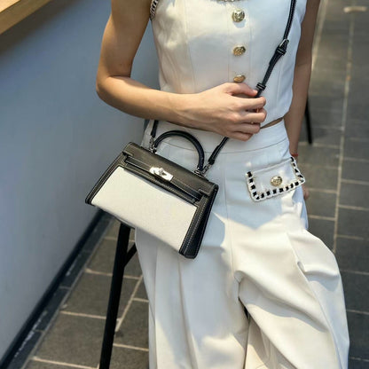 H Series 22 cm Canvas-Panel Structured Bag – Model 2011 | Silver Hardware