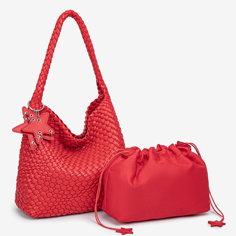 D Series Large Woven PU Tote Bag – 30cm with Star Detail and Top Handle