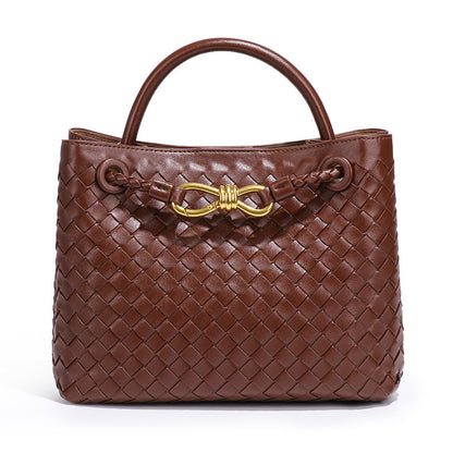 D Series Mini Woven PU Tote Bag – 25cm Handbag with Crossbody Strap