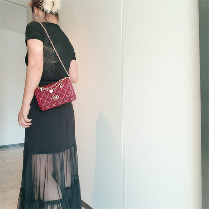 C Series · Genuine Leather Quilted Medium Flap Bag with Charm Chain – 4 Colors | Greenyuna