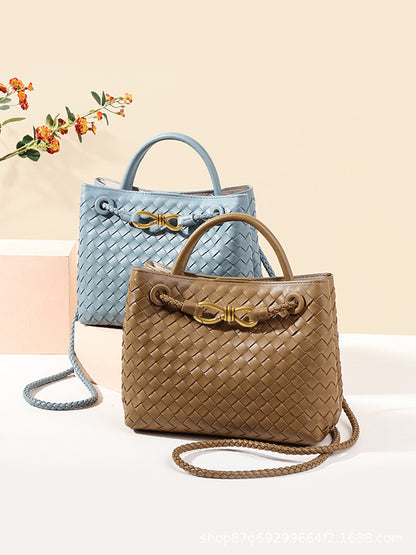 D Series Mini Woven PU Tote Bag – 25cm Handbag with Crossbody Strap