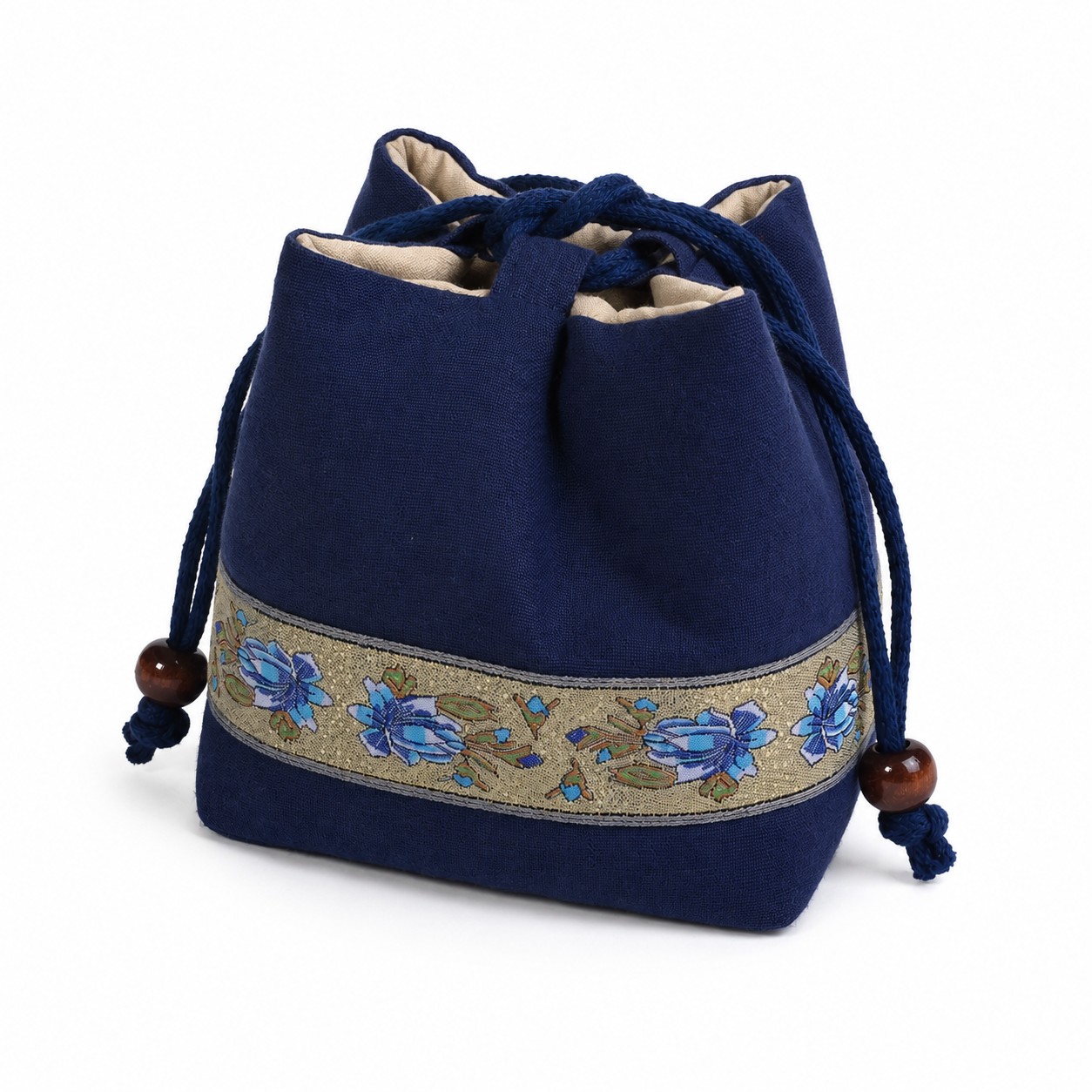 Handmade Embroidered Linen Drawstring Pouch