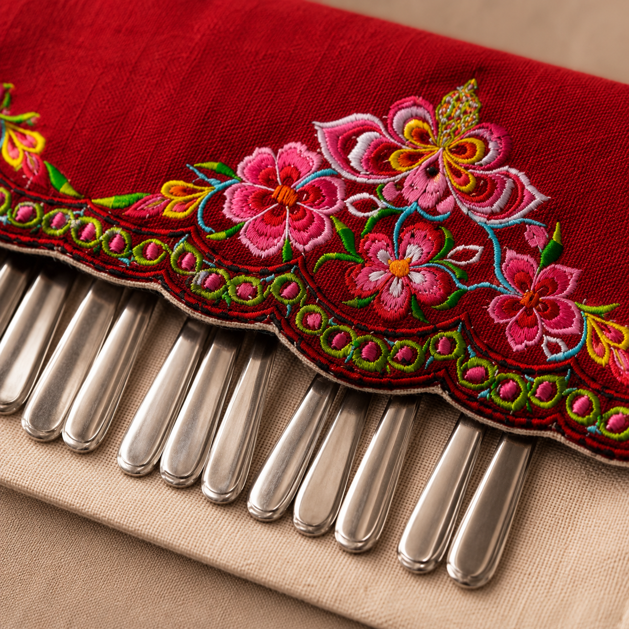 Handmade Embroidered Linen Cutlery Holder Set of 2