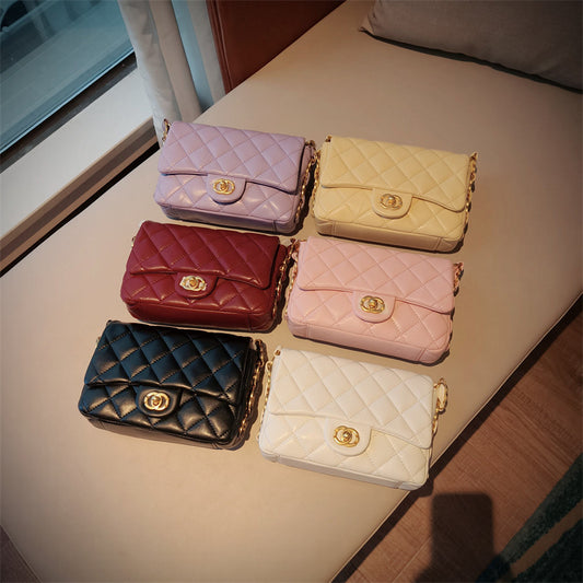 Mini Genuine Leather Quilted Flap Crossbody Bag – 6 Colors | Gold Chain | Greenyuna
