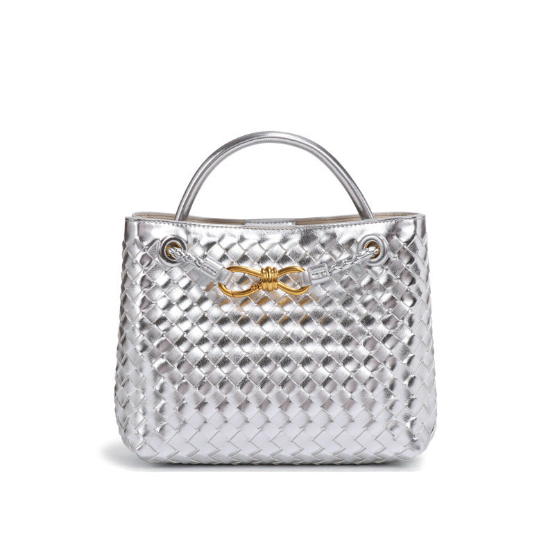 D Series Mini Woven PU Tote Bag – 25cm Handbag with Crossbody Strap