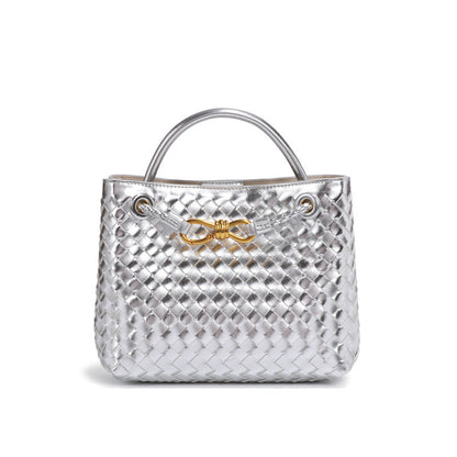 D Series Mini Woven PU Tote Bag – 25cm Handbag with Crossbody Strap