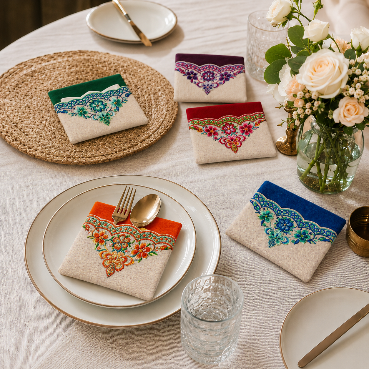 Floral Embroidered Linen Tissue Holder