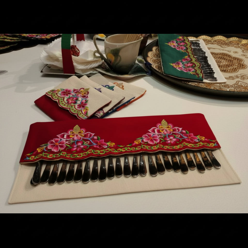Handmade Embroidered Linen Cutlery Holder for Table