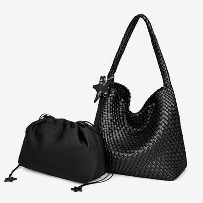 D Series Large Woven PU Hobo Tote – 33cm Shoulder Bag with Inner Pouch Set