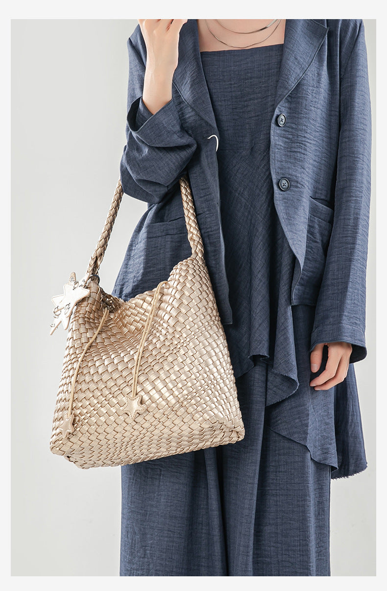 D Series Large Woven PU Tote Bag – 30cm with Star Detail and Top Handle