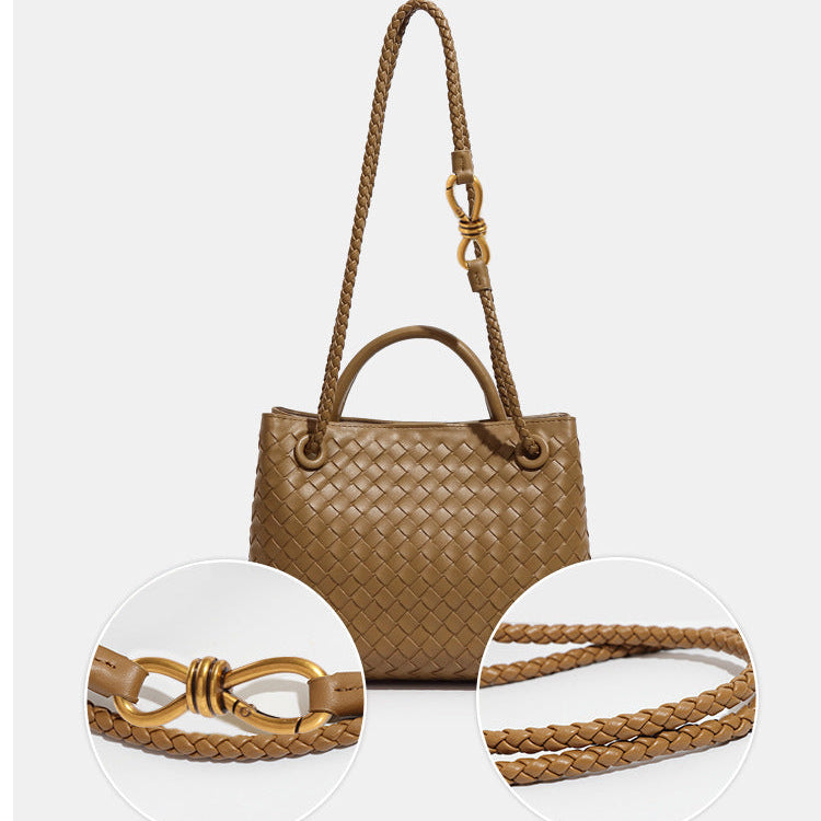 D Series Mini Woven PU Tote Bag – 25cm Handbag with Crossbody Strap