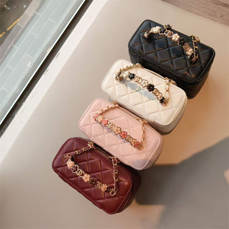 C Series · Genuine Leather Quilted Vanity Bag with Beaded Chain Handle – 4 Colors | Mini Makeup & Handheld Box Bag | Greenyuna