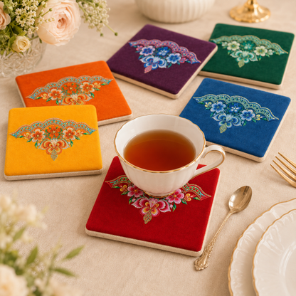 Handmade Embroidered Linen Coaster Set of 4