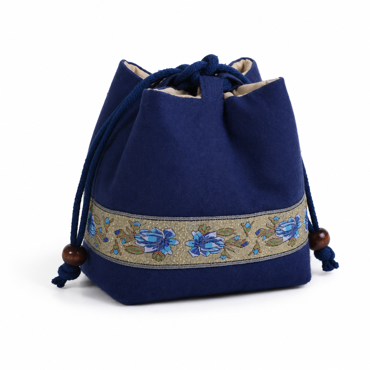 Handmade Embroidered Linen Drawstring Pouch