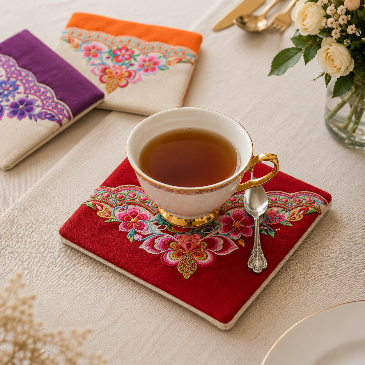 Handmade Embroidered Linen Coaster Set of 4