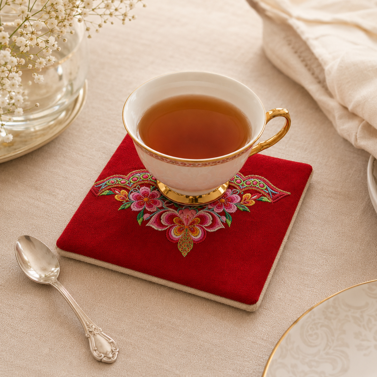 Handmade Embroidered Linen Coaster Set of 4