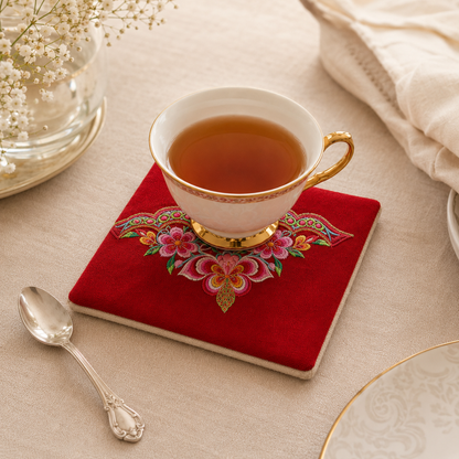 Handmade Embroidered Linen Coaster Set of 4