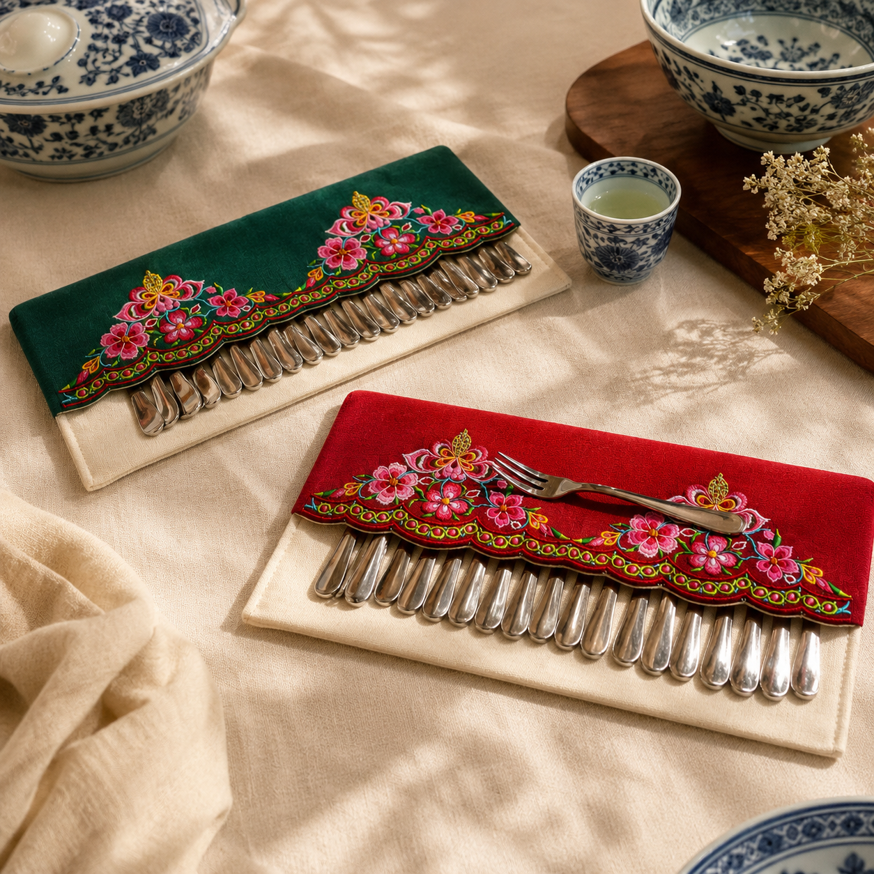 Handmade Embroidered Linen Cutlery Holder for Table