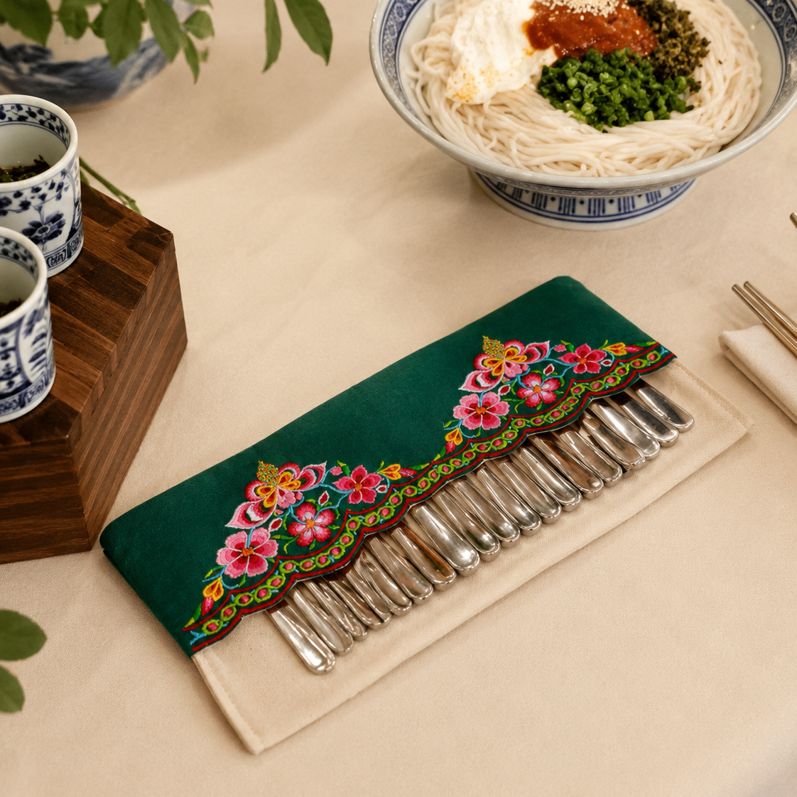 Handmade Embroidered Linen Cutlery Holder for Table