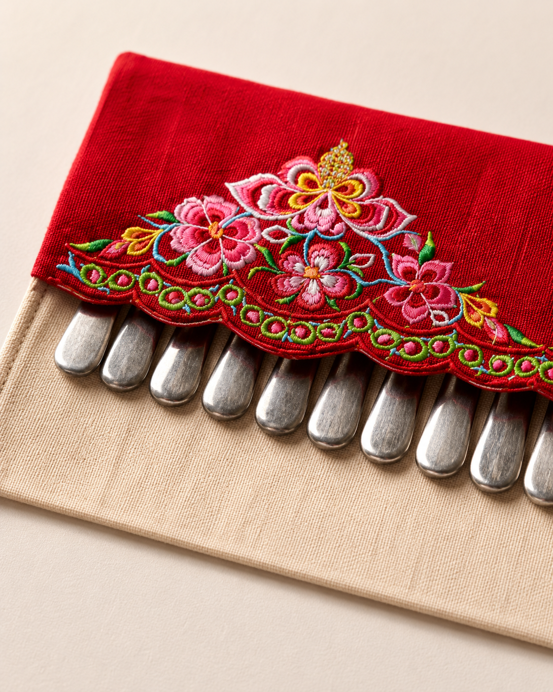 Handmade Embroidered Linen Cutlery Holder for Table