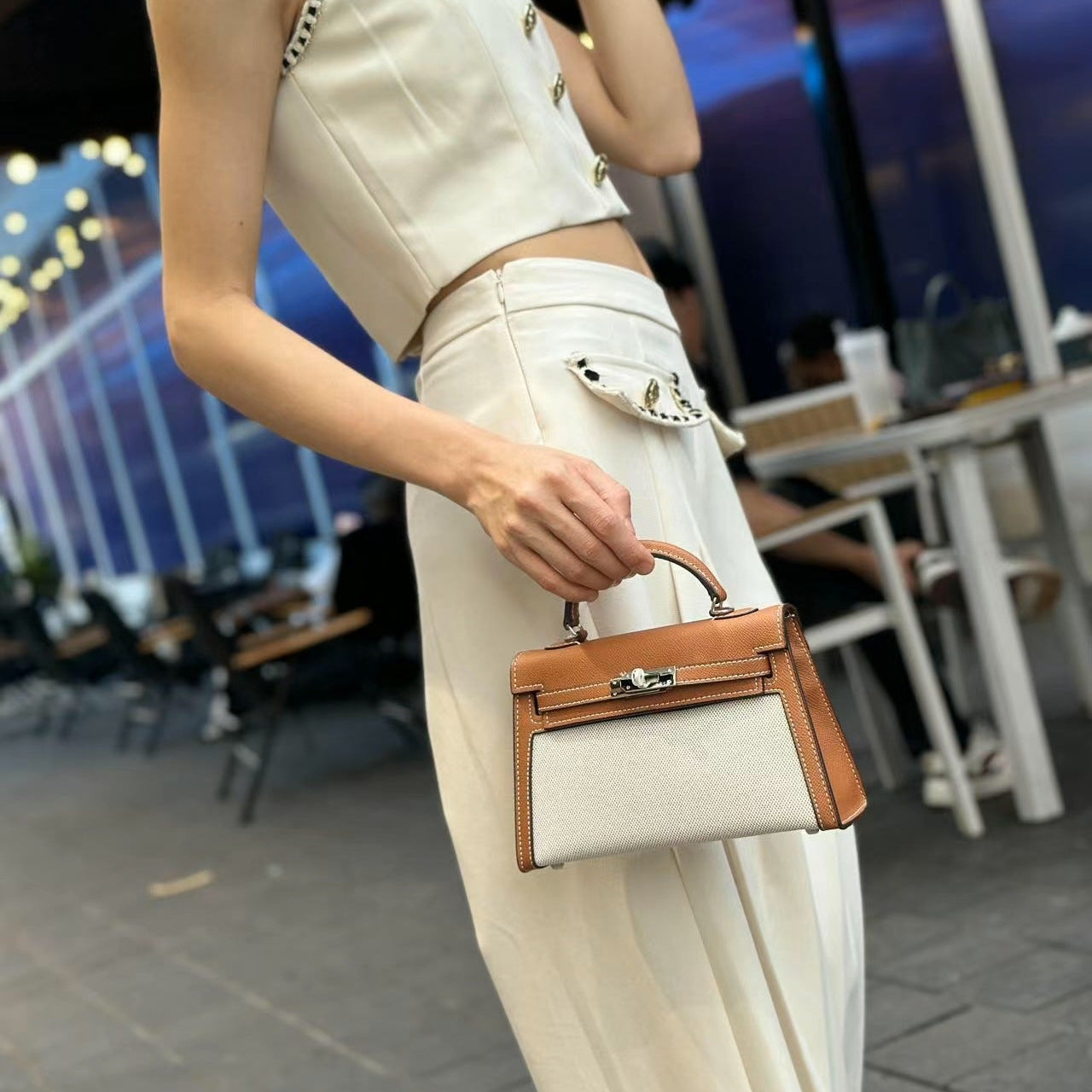 H Series 22 cm Canvas-Panel Structured Bag – Model 2011 | Silver Hardware