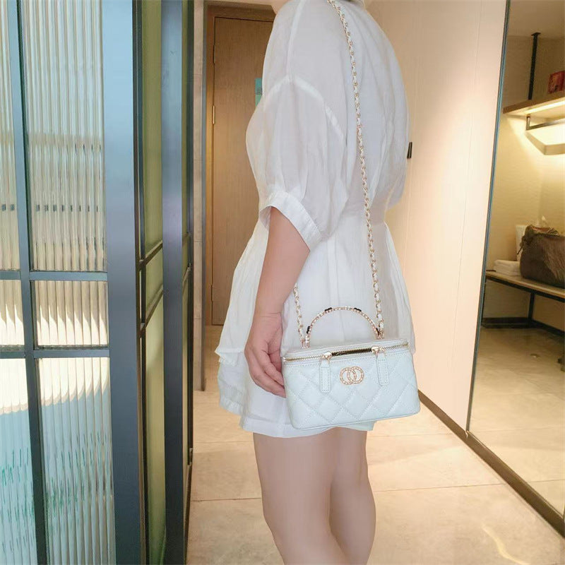 C Series · Genuine Leather Quilted Vanity Bag with Beaded Chain Handle – 4 Colors | Mini Makeup & Handheld Box Bag | Greenyuna