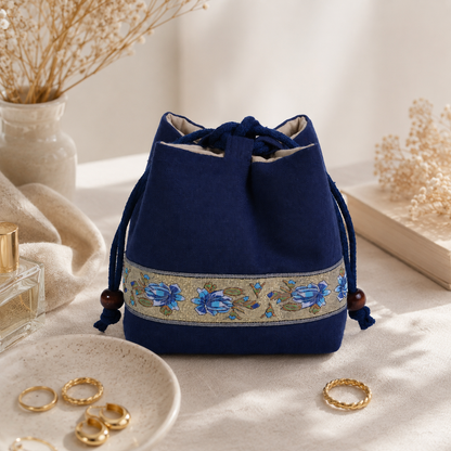 Handmade Embroidered Linen Drawstring Pouch