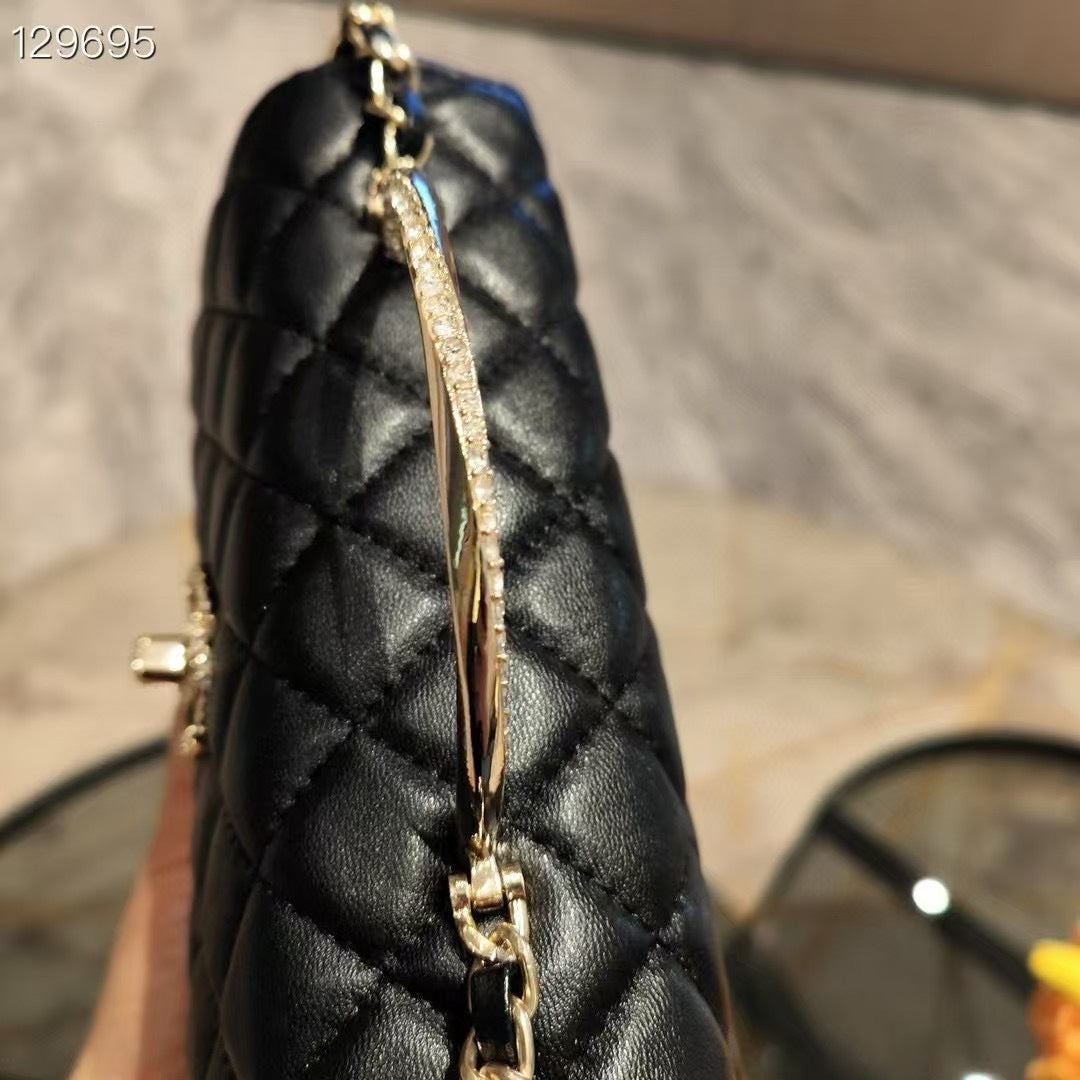 C Series | Genuine Leather Quilted Top-Handle Mini Bag – Golden Metal Frame Design