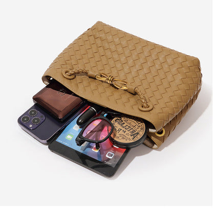 D Series Mini Woven PU Tote Bag – 25cm Handbag with Crossbody Strap