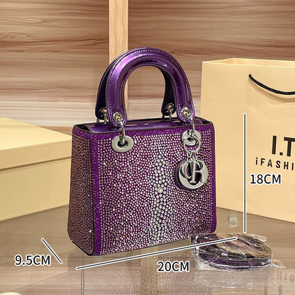 D Series Crystal-Embellished Mini Handbag – 27.5cm Small Bag with Gold or Purple Finish
