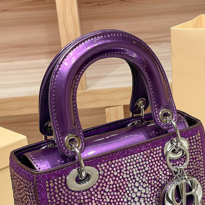 D Series Crystal-Embellished Mini Handbag – 27.5cm Small Bag with Gold or Purple Finish