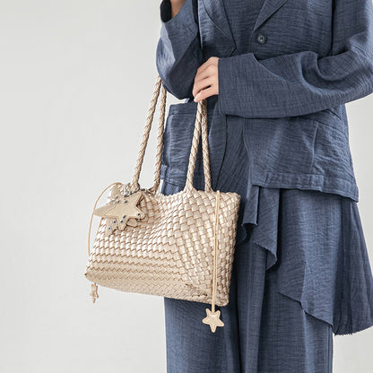 D Series Large Woven PU Tote Bag – 39cm with Star Detail and Drawstring Pouch