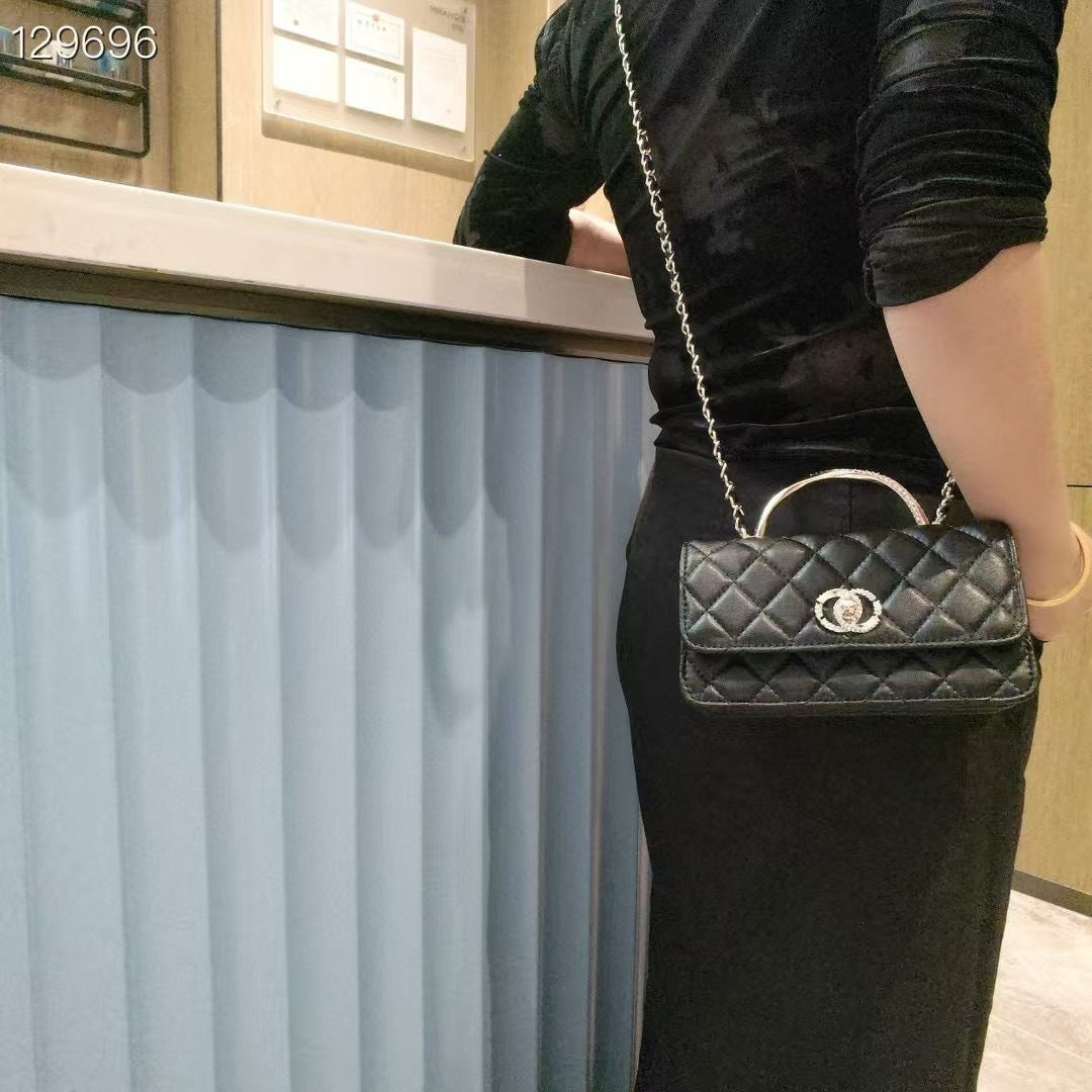 C Series | Genuine Leather Quilted Top-Handle Mini Bag – Golden Metal Frame Design