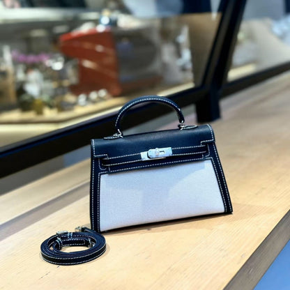 H Series 22 cm Canvas-Panel Structured Bag – Model 2011 | Silver Hardware