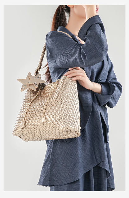 D Series Large Woven PU Tote Bag – 30cm with Star Detail and Top Handle