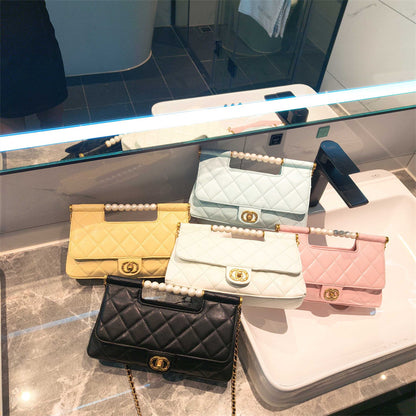 C Series 6010 Genuine Leather Quilted Pearl-Handle Flap Chain Bag – 5 Colors | Elegant Shoulder & Crossbody | Greenyuna