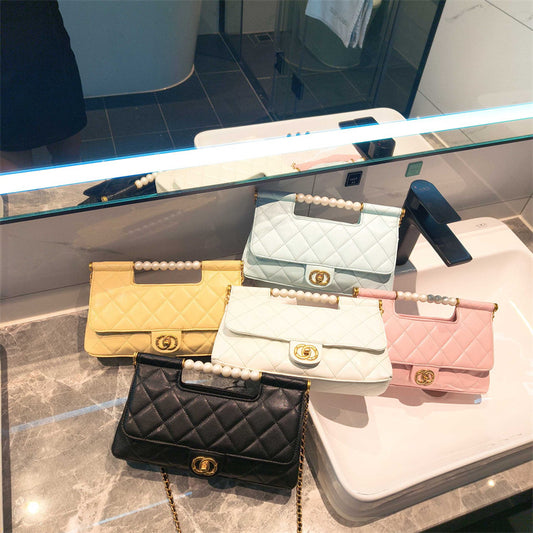C Series 6010 Genuine Leather Quilted Pearl-Handle Flap Chain Bag – 5 Colors | Elegant Shoulder & Crossbody | Greenyuna
